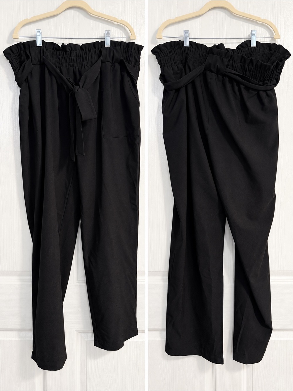 High-Waist Black Paperbag Trousers with Tie Belt